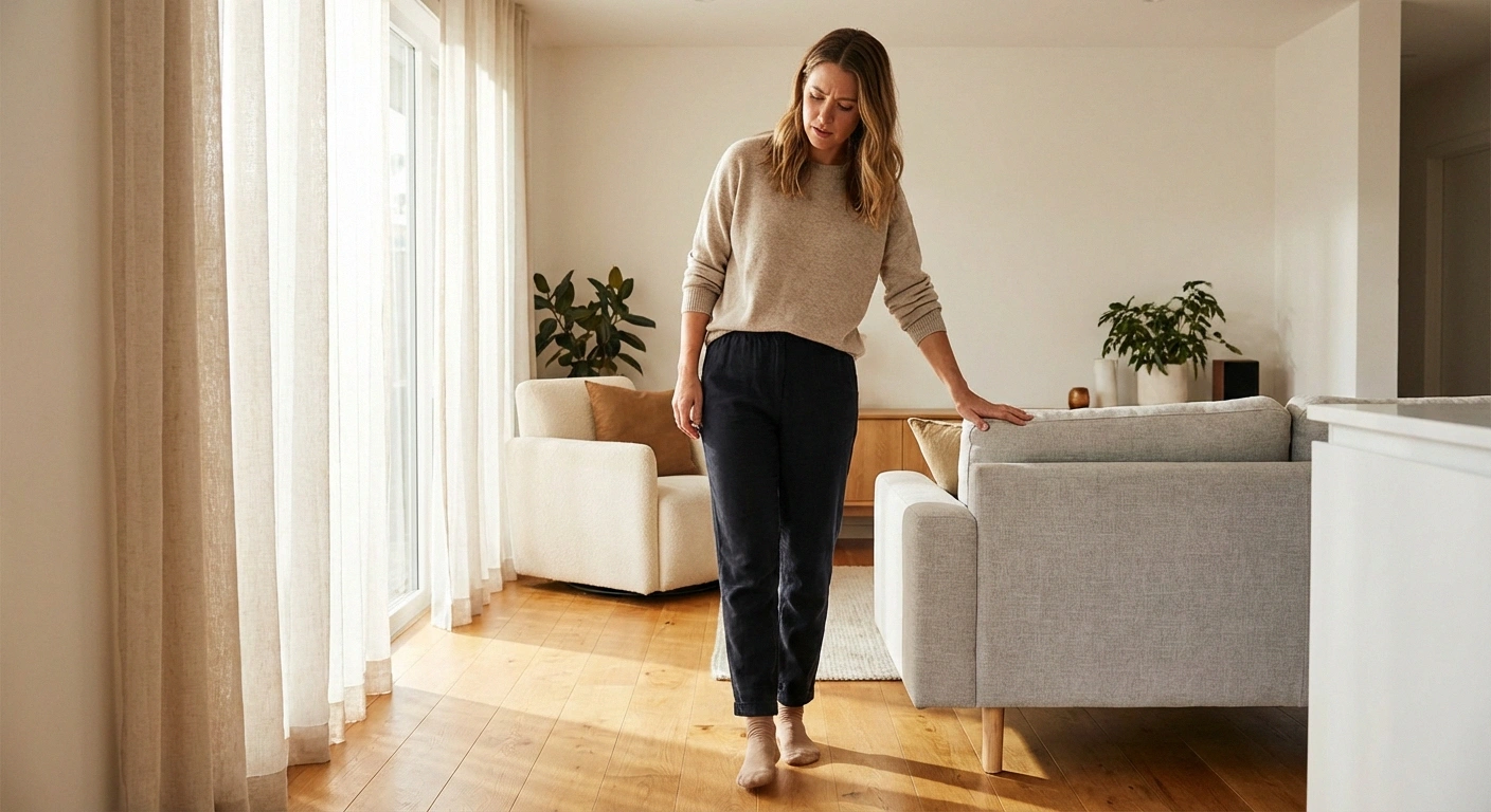 Young woman pausing mid-step in living room touching sofa for balance conveying MS-related leg weakness