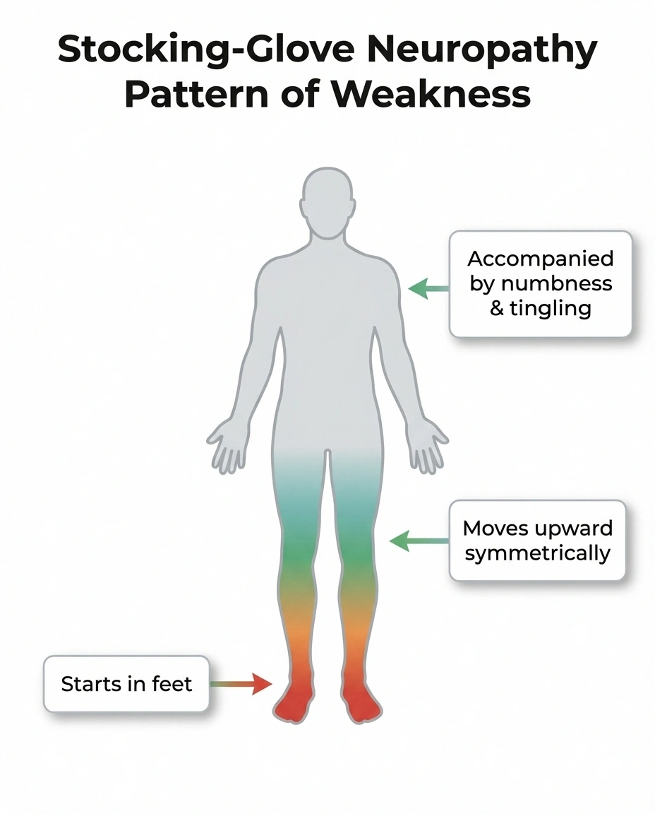 Infographic showing stocking-glove pattern of neuropathy leg weakness starting in feet and moving upward