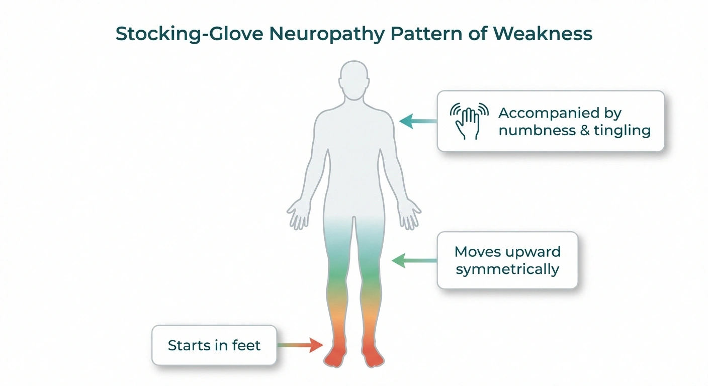 Infographic showing stocking-glove pattern of neuropathy leg weakness starting in feet and moving upward