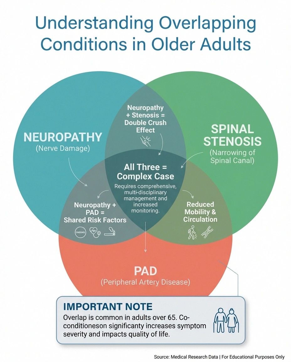 Venn diagram infographic showing overlapping conditions of neuropathy spinal stenosis and PAD in older adults
