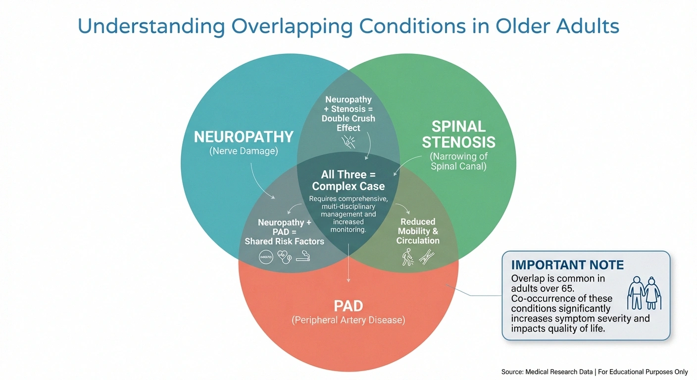 Venn diagram infographic showing overlapping conditions of neuropathy spinal stenosis and PAD in older adults
