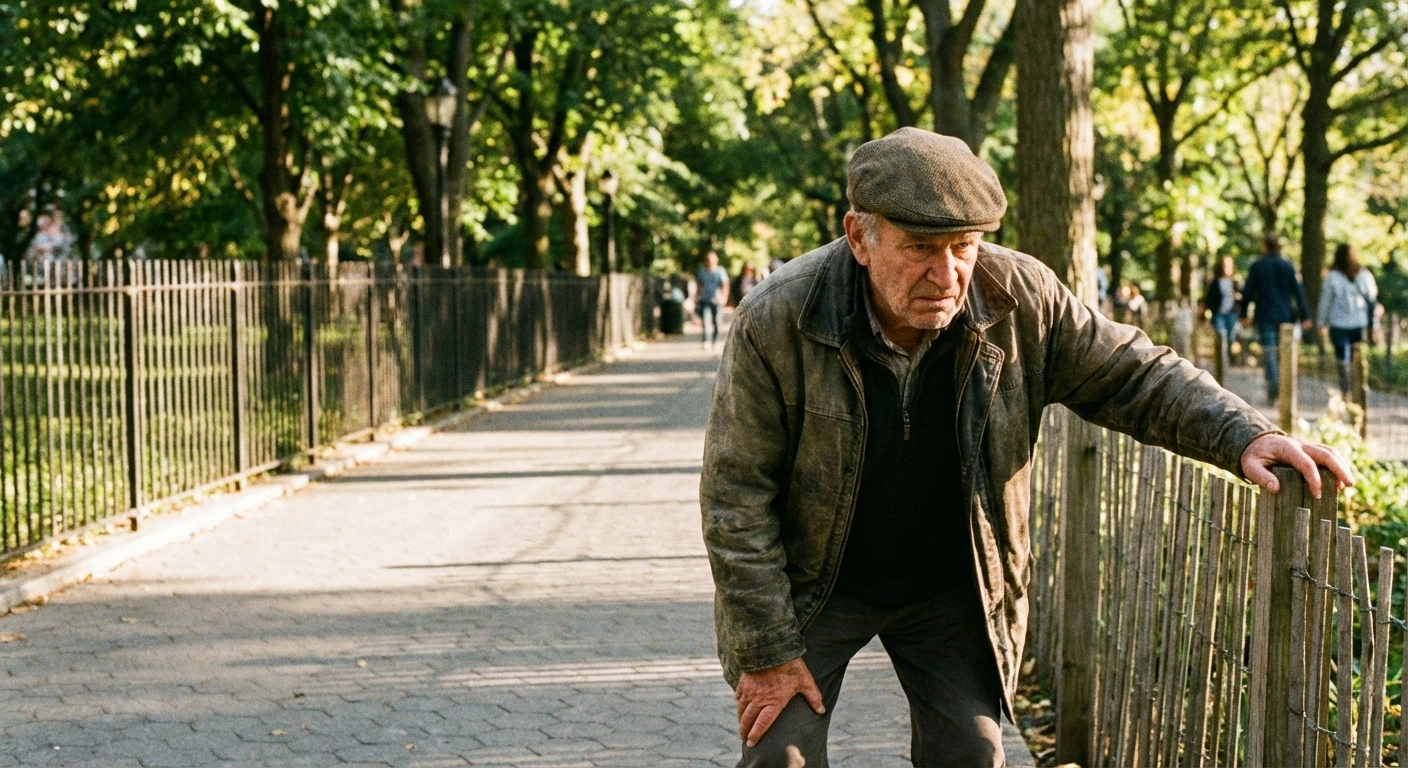 Older man stopped mid-walk resting on fence post demonstrating PAD claudication leg weakness pattern