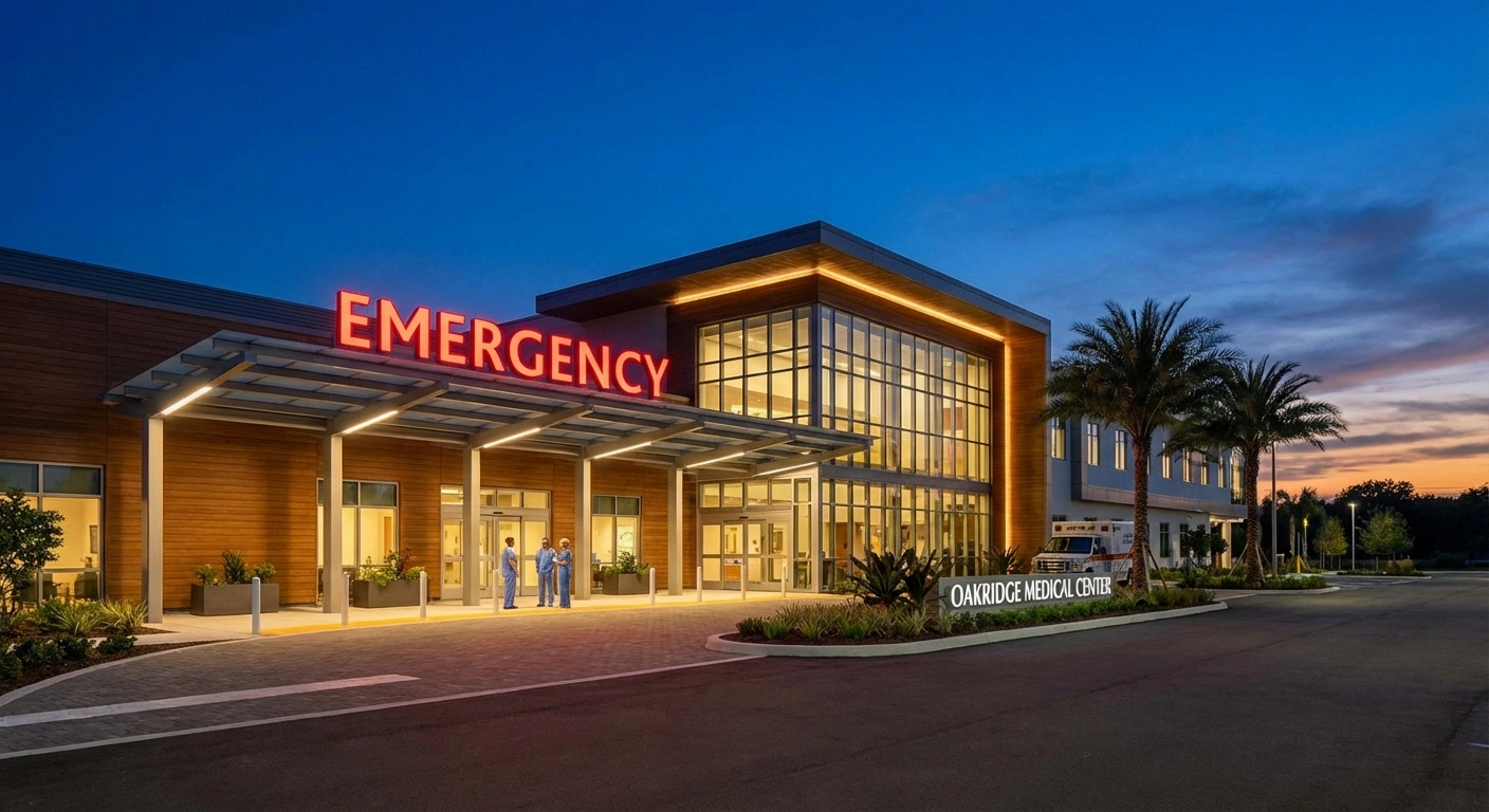 Modern hospital emergency room entrance at twilight with illuminated emergency sign