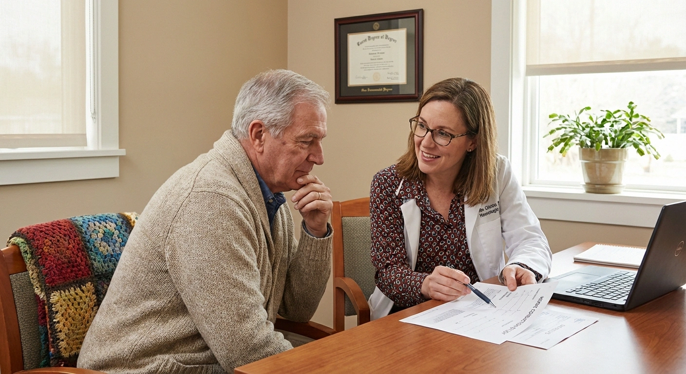 Neurologist and patient reviewing nerve conduction study results together in clinical office setting