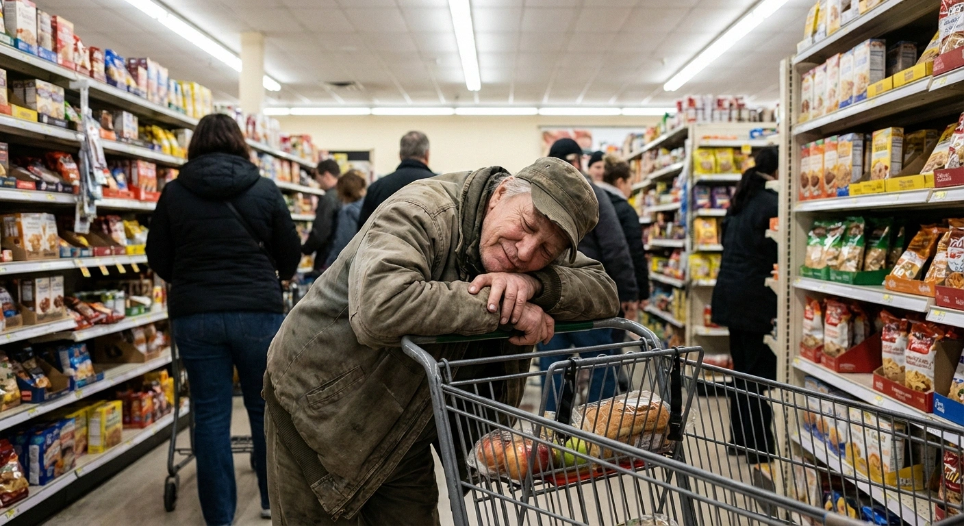 Older adult leaning forward on shopping cart in grocery store demonstrating the spinal stenosis shopping cart sign