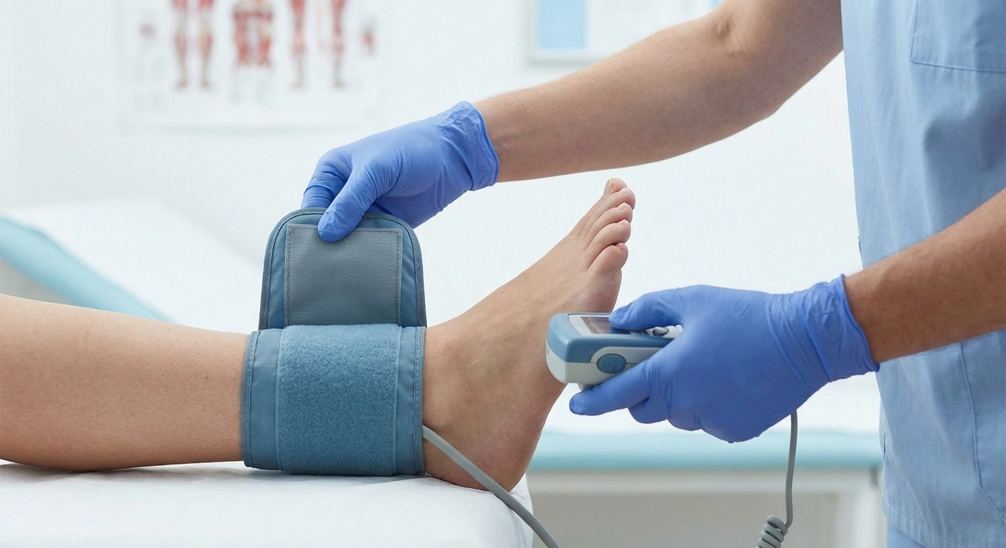 Doctor performing ankle-brachial index test on patient measuring blood pressure at ankle