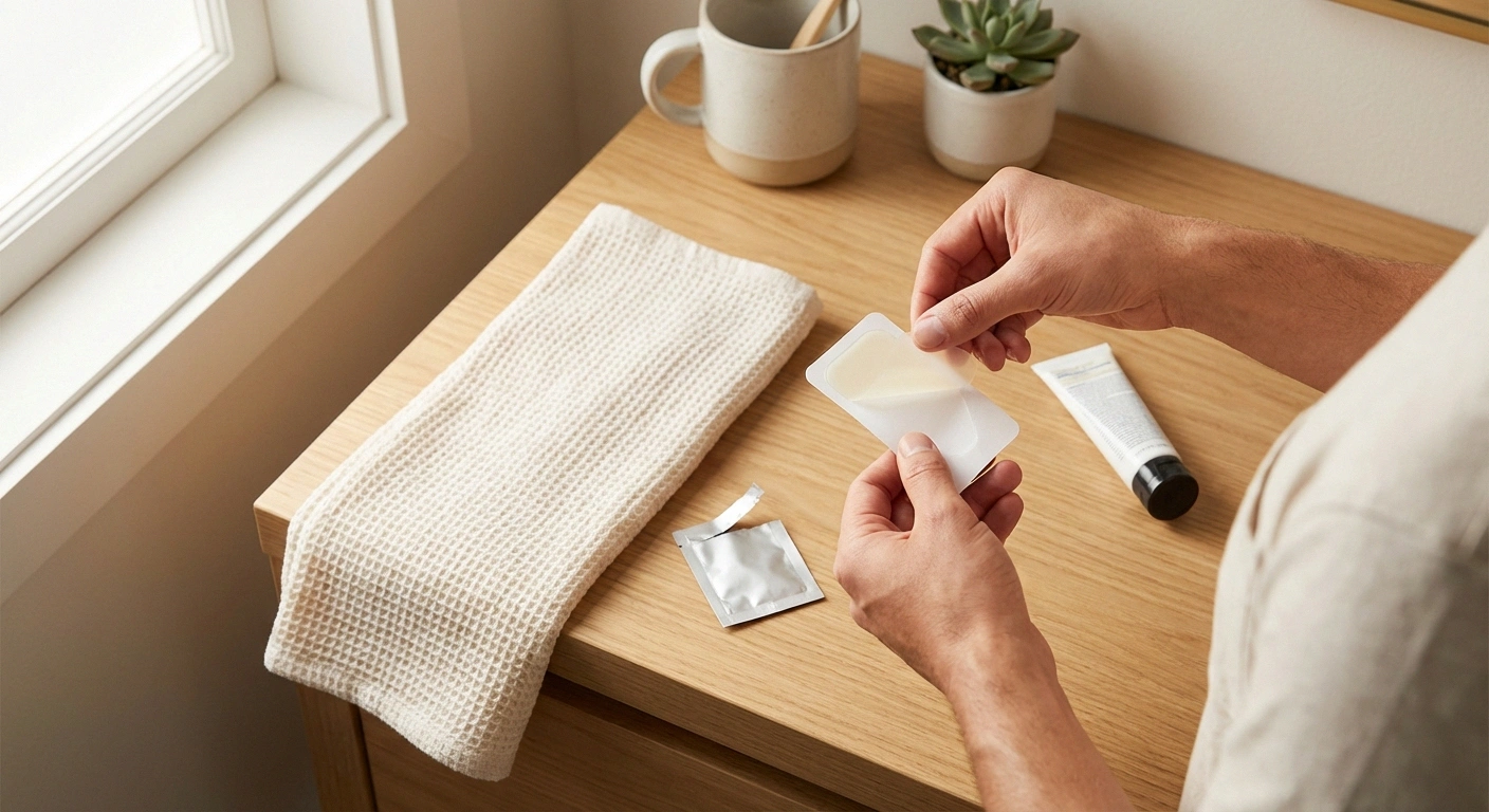 Person preparing a lidocaine patch for application on a clean bathroom counter