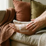 Woman applying a lidocaine patch to the top of her foot at home for neuropathy pain relief