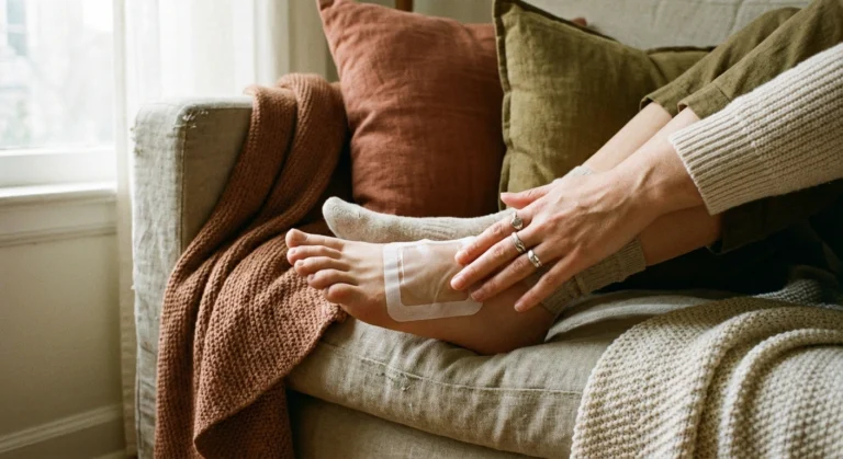 Woman applying a lidocaine patch to the top of her foot at home for neuropathy pain relief