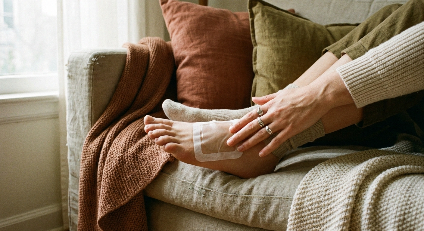 Woman applying a lidocaine patch to the top of her foot at home for neuropathy pain relief