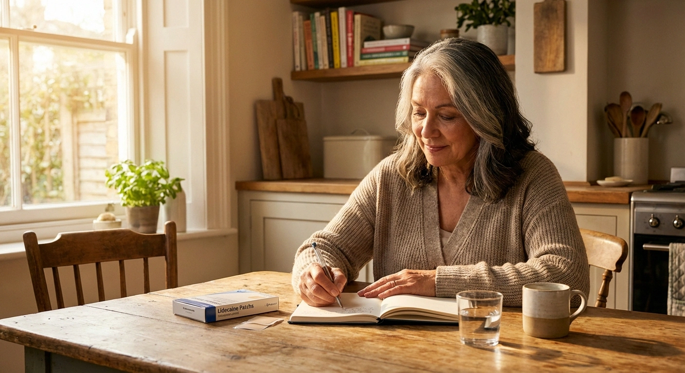 Older adult at sunny kitchen table with lidocaine patches and health notes representing active neuropathy self-management