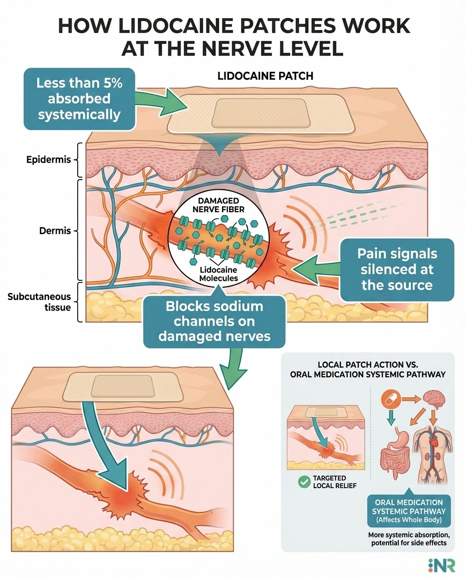Infographic showing how lidocaine patches block pain signals at damaged nerve fibers in the skin