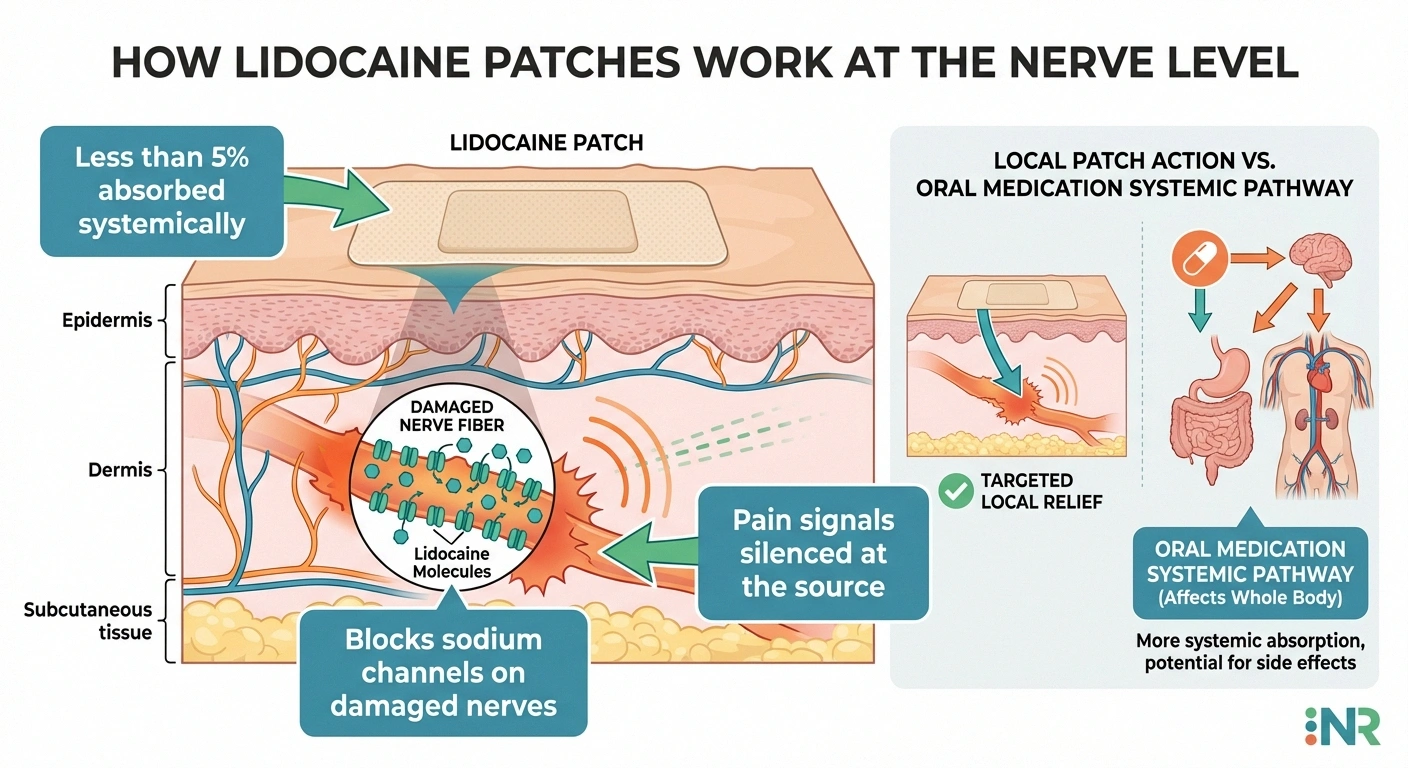 Infographic showing how lidocaine patches block pain signals at damaged nerve fibers in the skin