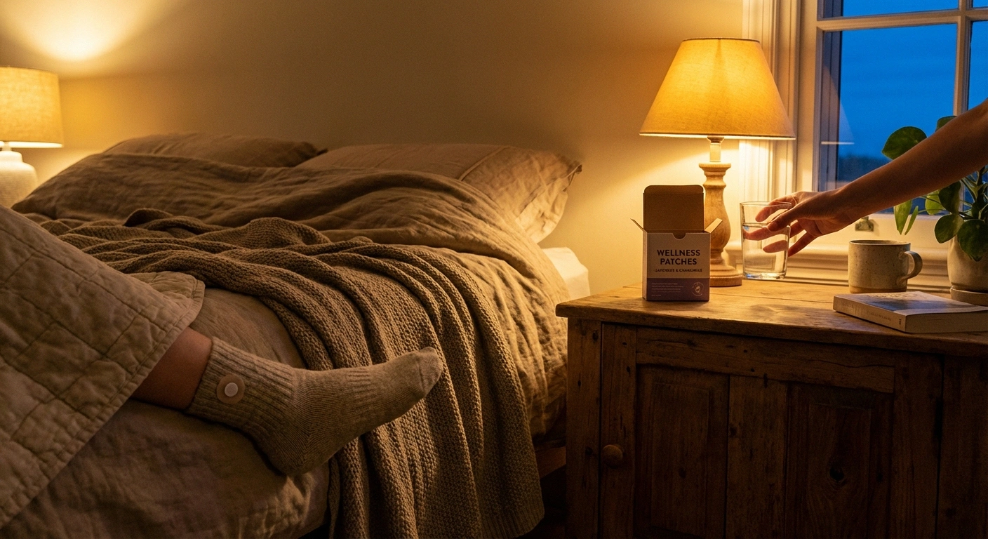 Bedroom scene showing lidocaine patch on foot before sleep for nighttime neuropathy pain relief