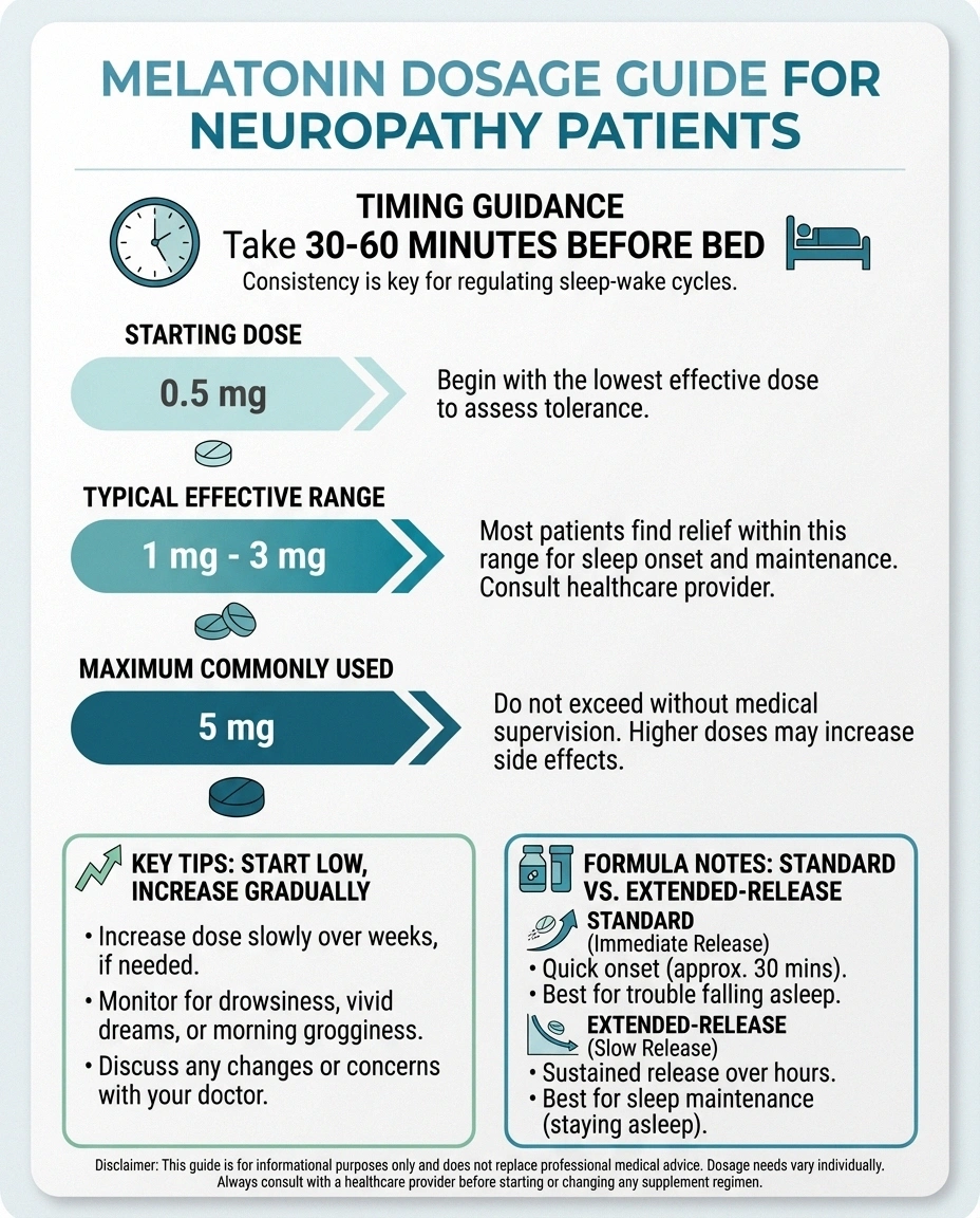 Melatonin dosage guide for neuropathy showing starting dose of 0.5mg through maximum of 5mg with timing recommendations