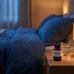 Melatonin supplement bottle on nightstand next to glass of water and bedside lamp, suggesting a nighttime sleep routine for neuropathy