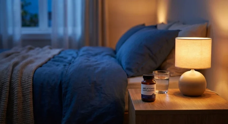 Melatonin supplement bottle on nightstand next to glass of water and bedside lamp, suggesting a nighttime sleep routine for neuropathy