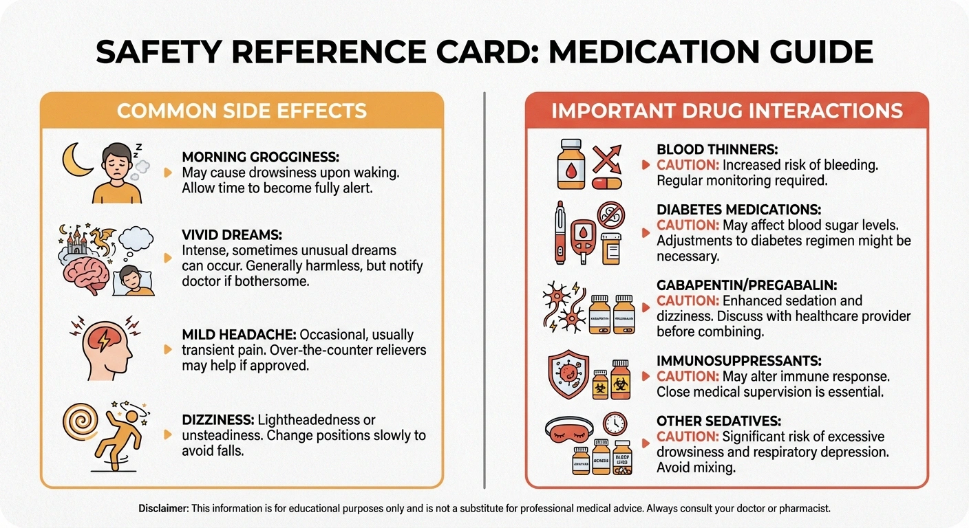 Safety infographic showing melatonin side effects and drug interactions relevant to neuropathy patients