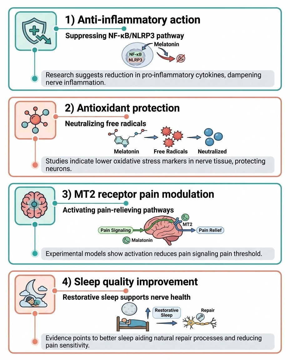 Infographic showing four mechanisms by which melatonin may help neuropathic pain — anti-inflammatory, antioxidant, receptor modulation, and sleep improvement
