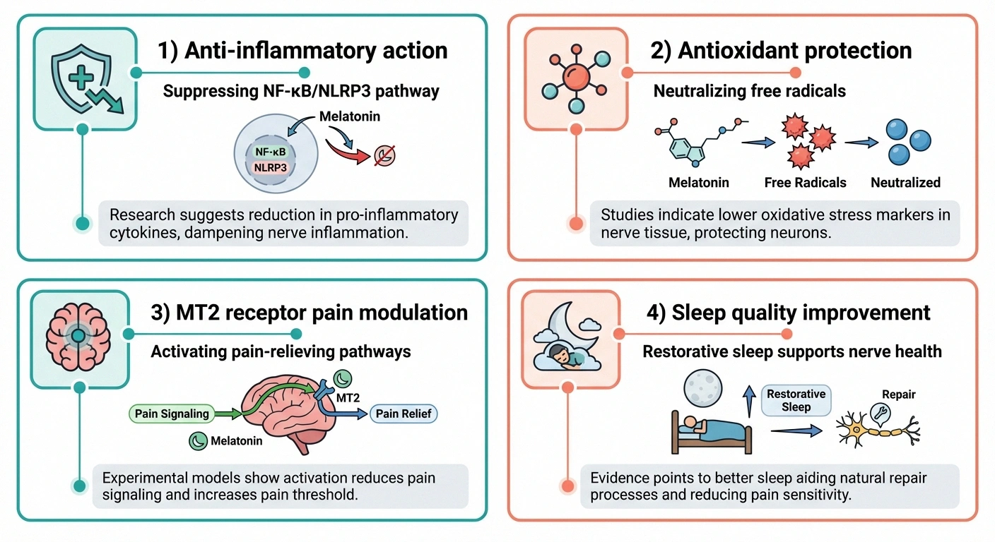 Infographic showing four mechanisms by which melatonin may help neuropathic pain — anti-inflammatory, antioxidant, receptor modulation, and sleep improvement