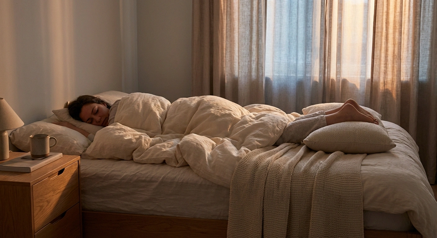 Person with neuropathy sleeping peacefully with elevated foot support, achieving restful sleep through melatonin and sleep hygiene