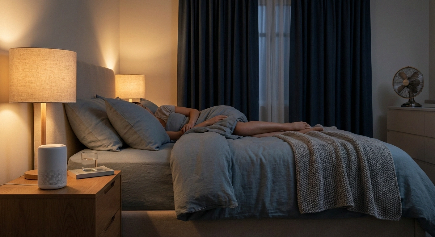 Bedroom optimized for sleeping with neuropathy featuring dim lighting, supportive pillows, blackout curtains, and cool temperature