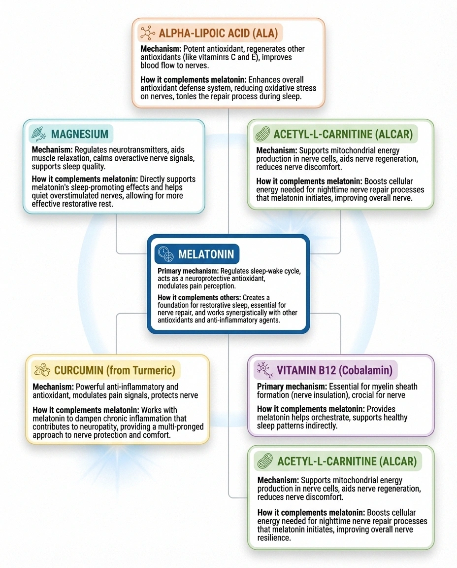 Infographic comparing melatonin with five complementary supplements for neuropathy including alpha-lipoic acid, B12, and magnesium