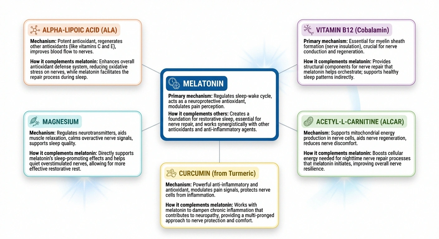 Infographic comparing melatonin with five complementary supplements for neuropathy including alpha-lipoic acid, B12, and magnesium