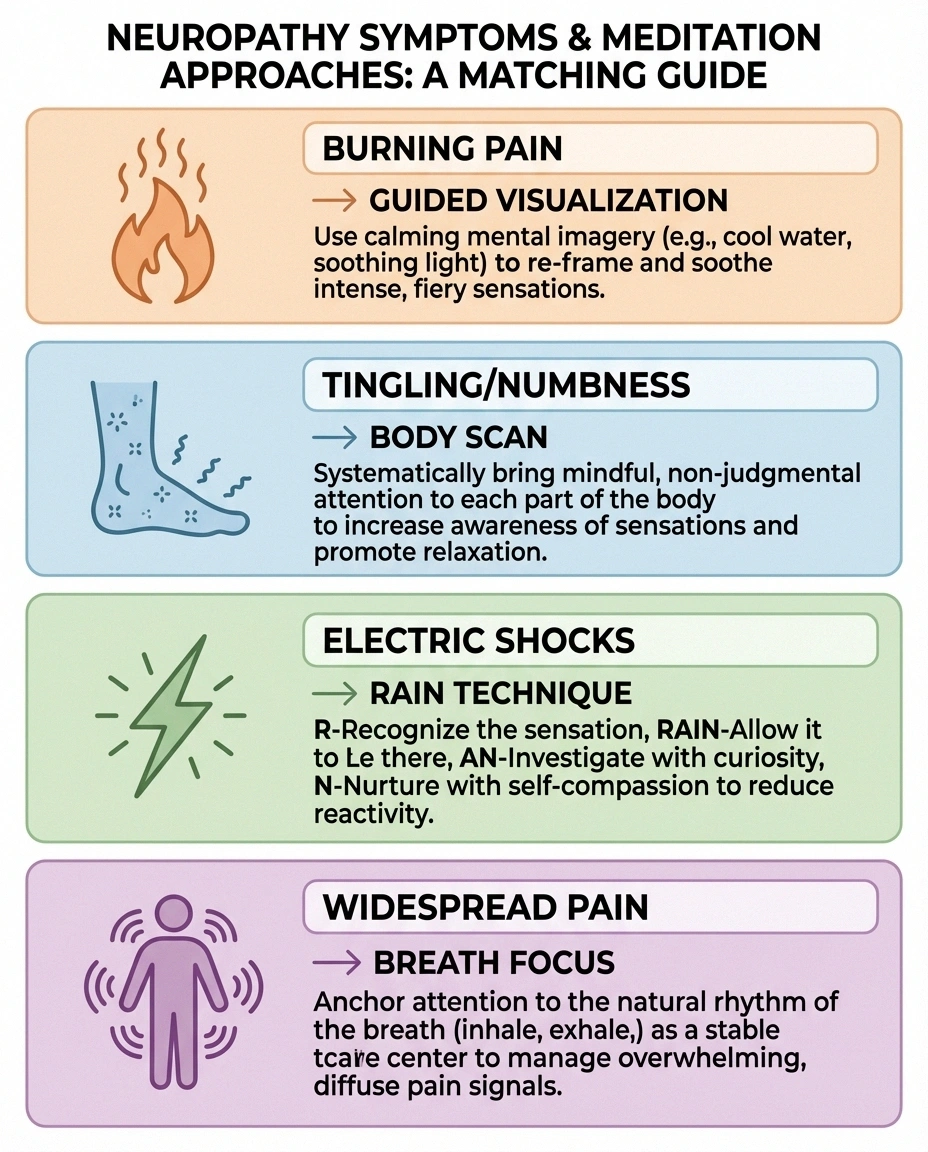 Guide matching neuropathy symptoms like burning tingling and electric shocks to specific meditation techniques