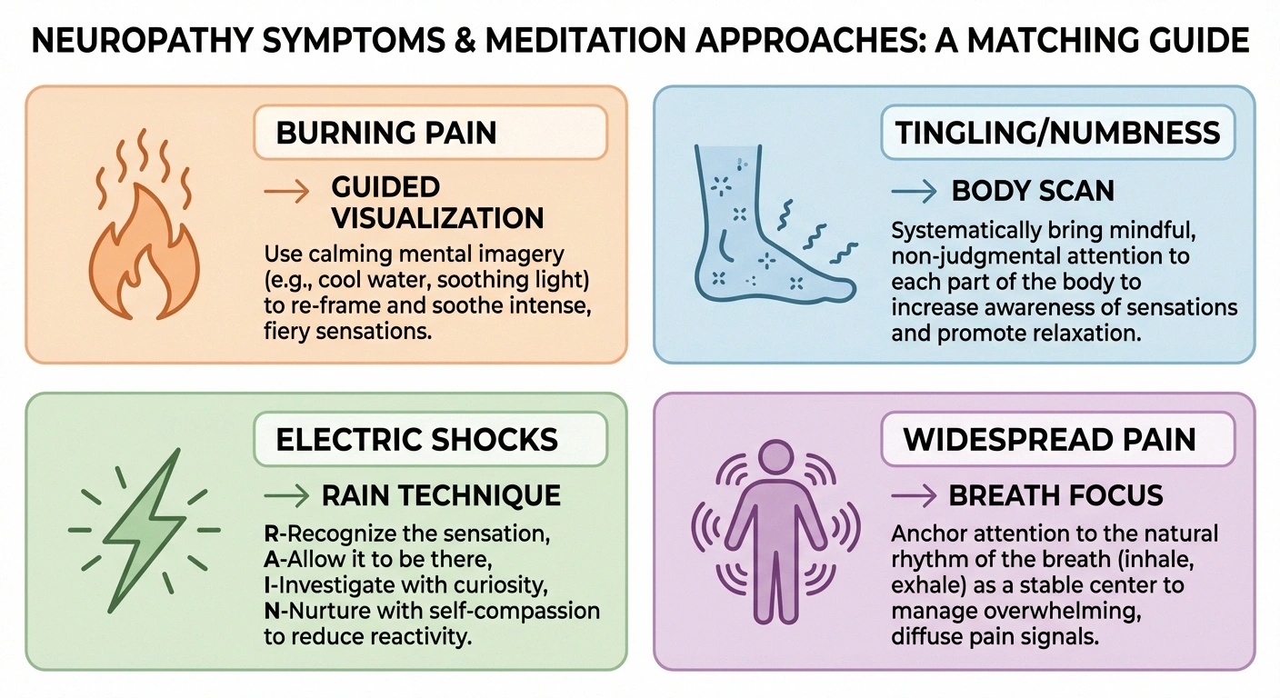 Guide matching neuropathy symptoms like burning tingling and electric shocks to specific meditation techniques