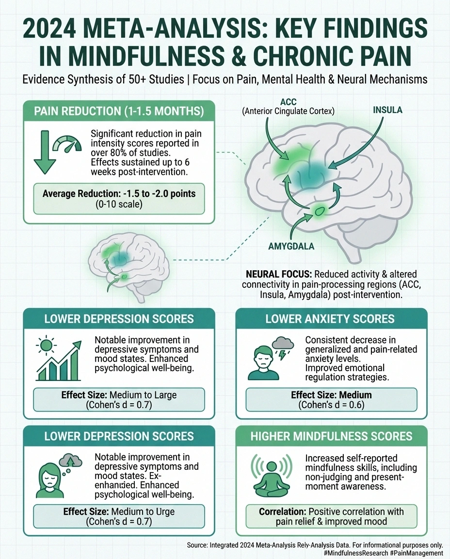 Infographic showing research results of meditation for neuropathy pain including reduced pain anxiety and depression scores
