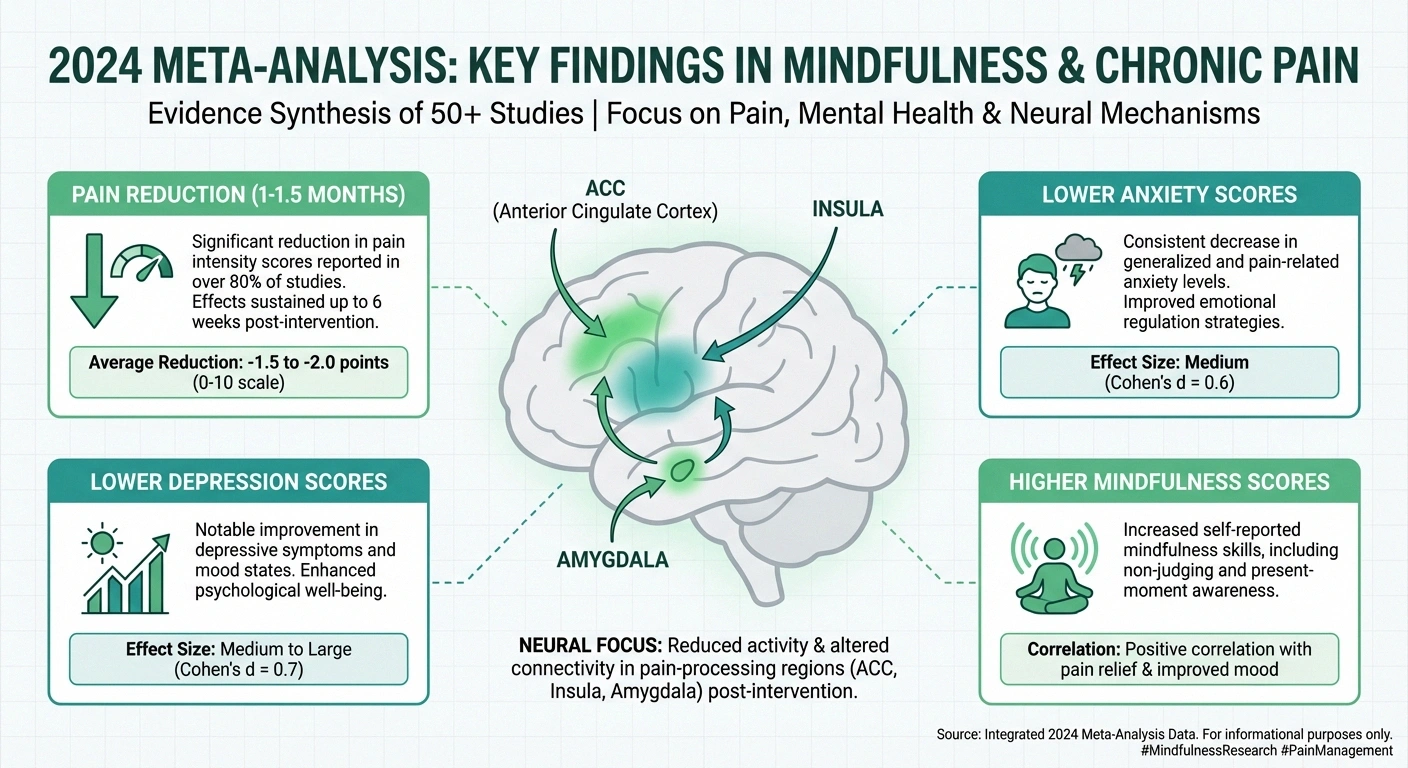 Infographic showing research results of meditation for neuropathy pain including reduced pain anxiety and depression scores