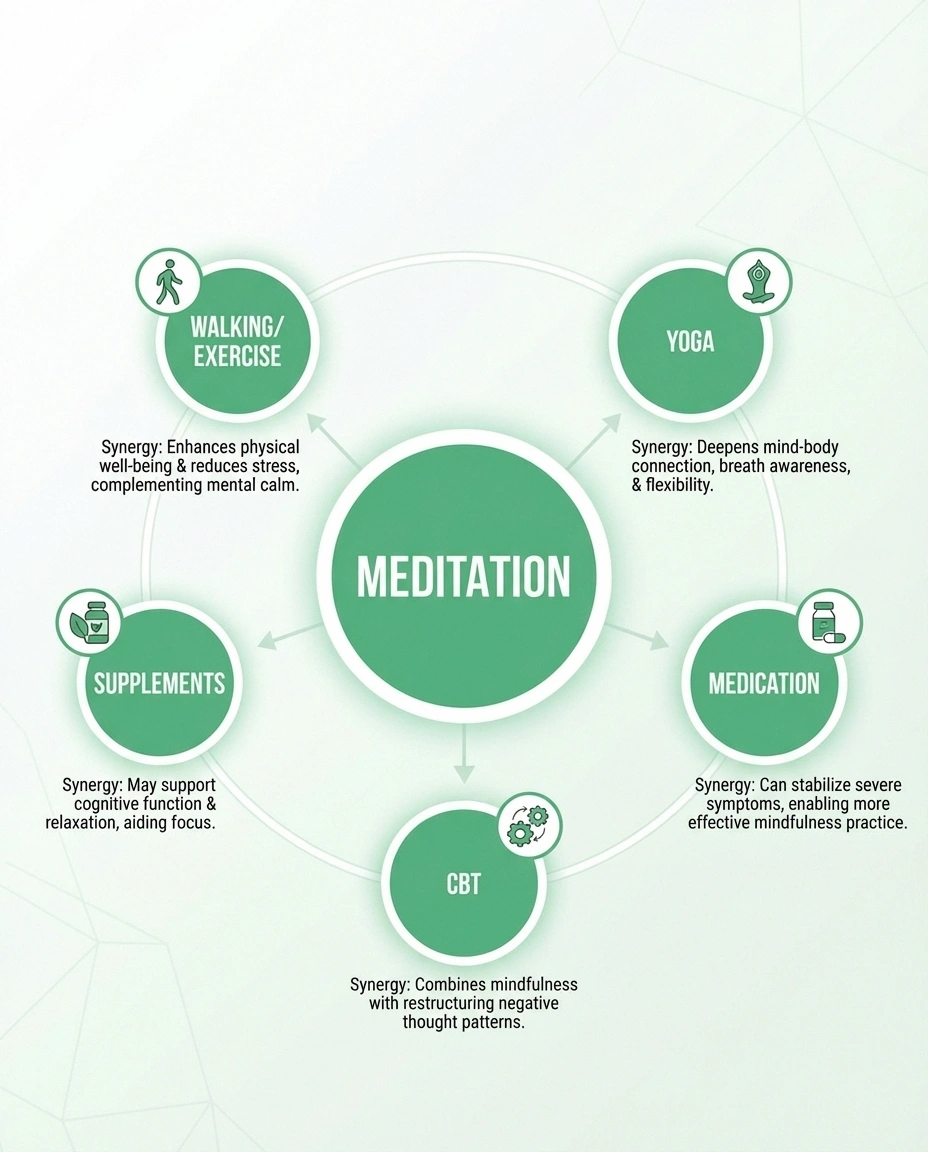Diagram showing how meditation combines with other neuropathy treatments including walking yoga medication and supplements