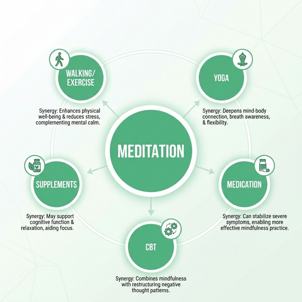Diagram showing how meditation combines with other neuropathy treatments including walking yoga medication and supplements