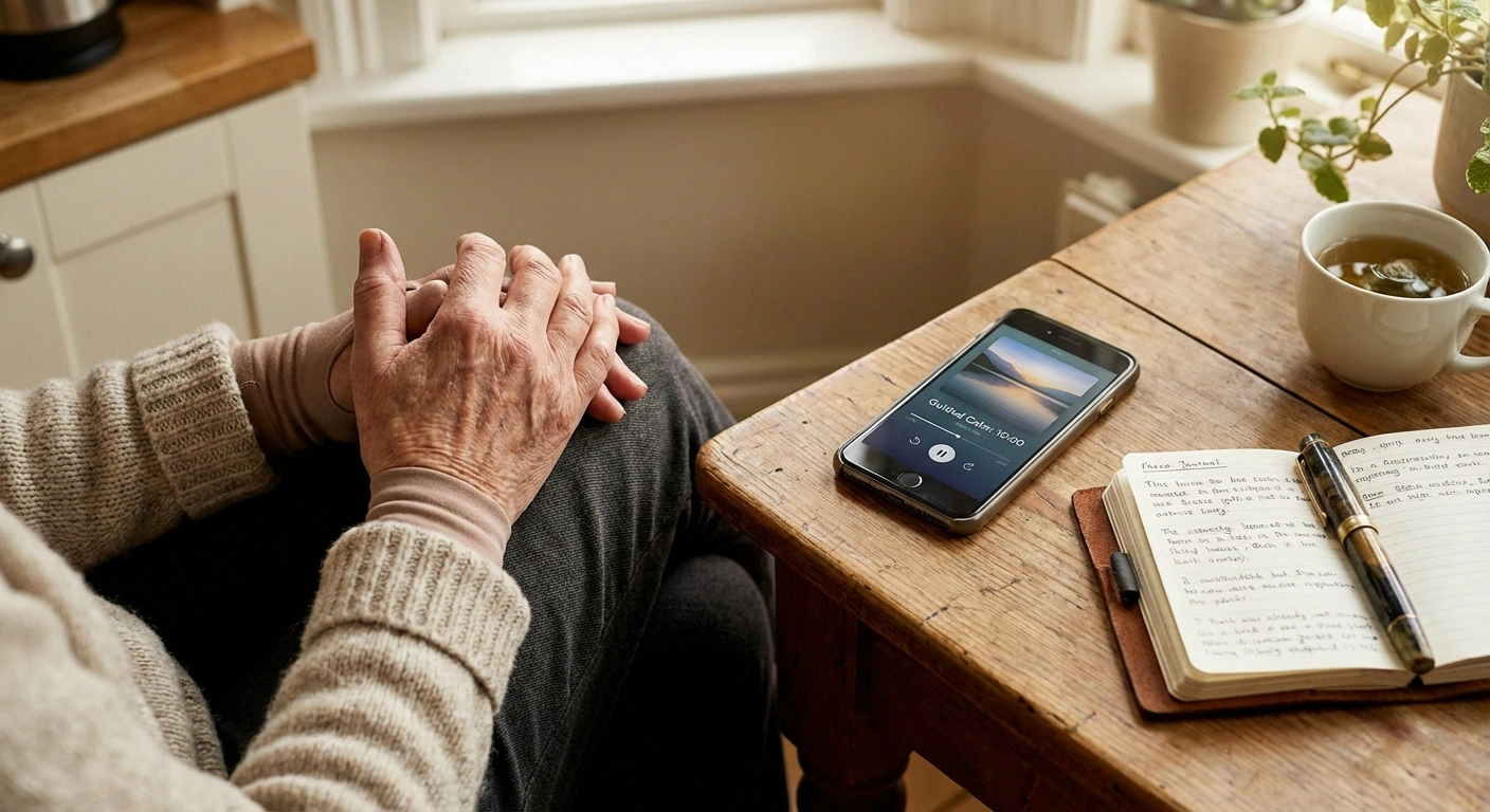 Person beginning daily meditation practice for neuropathy with phone app and journal nearby