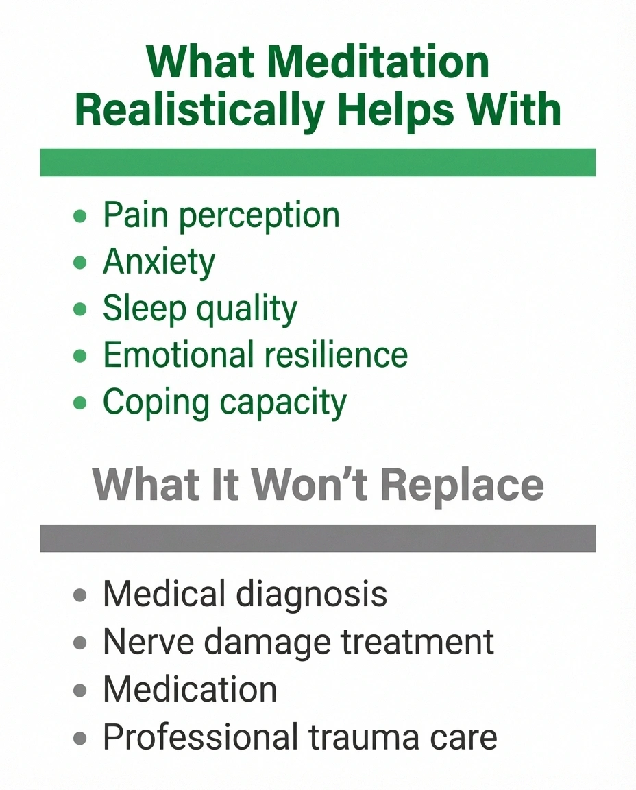 Realistic expectations chart for meditation showing what it helps with versus what it cannot replace for neuropathy