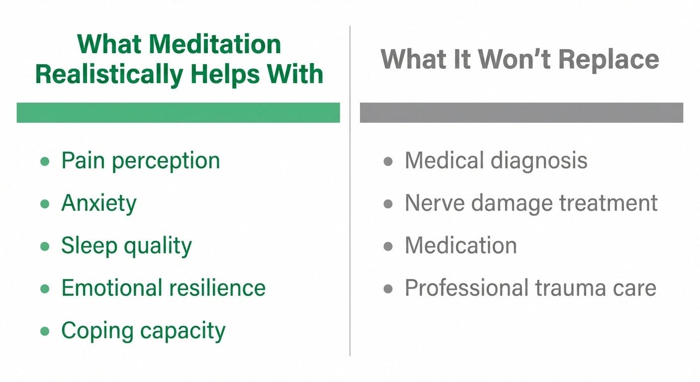 Realistic expectations chart for meditation showing what it helps with versus what it cannot replace for neuropathy
