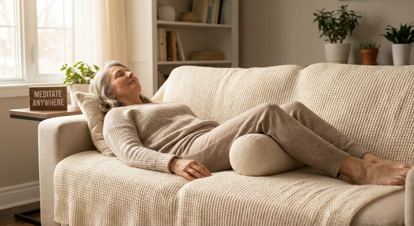 Person with severe neuropathy pain meditating while lying down comfortably on a sofa showing adaptation is possible