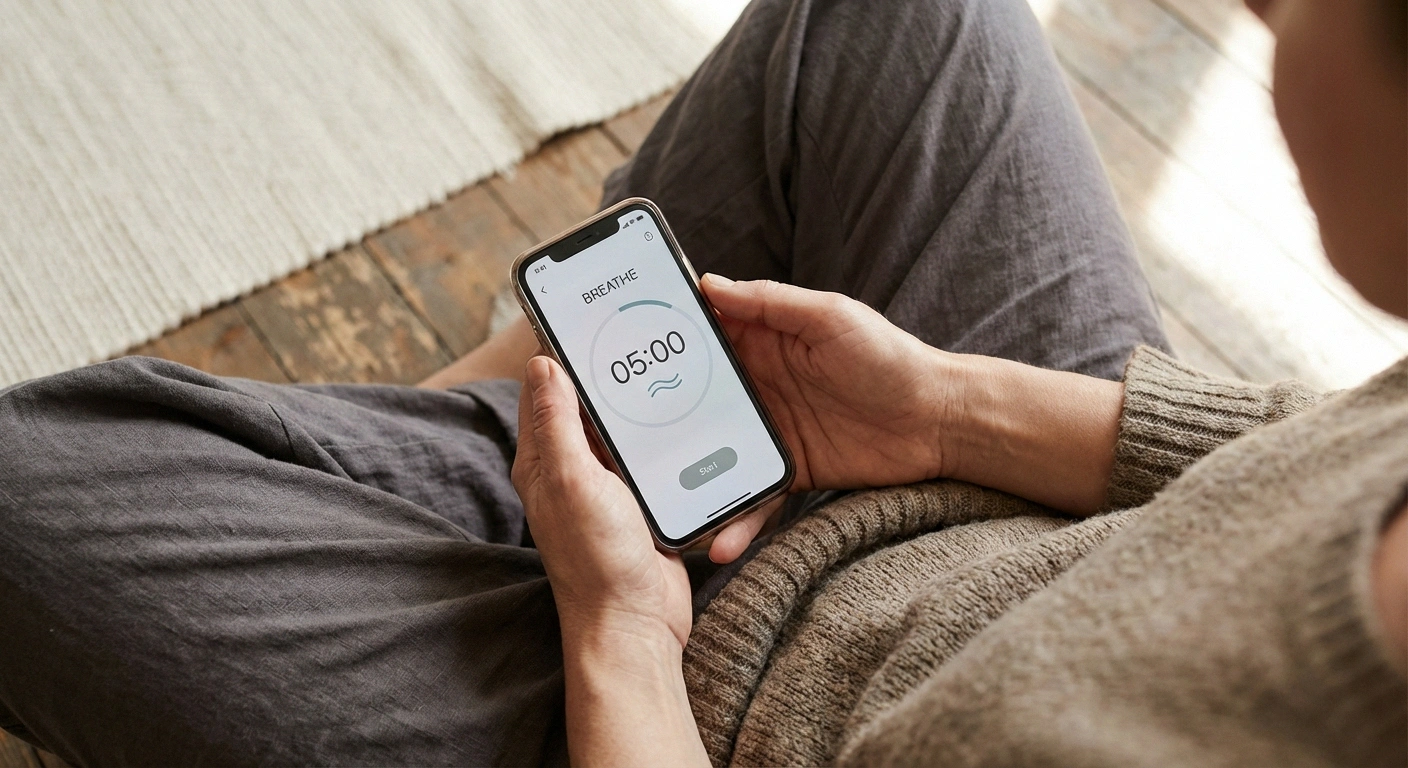 Person using a meditation app on a smartphone to start a five minute meditation session for neuropathy pain