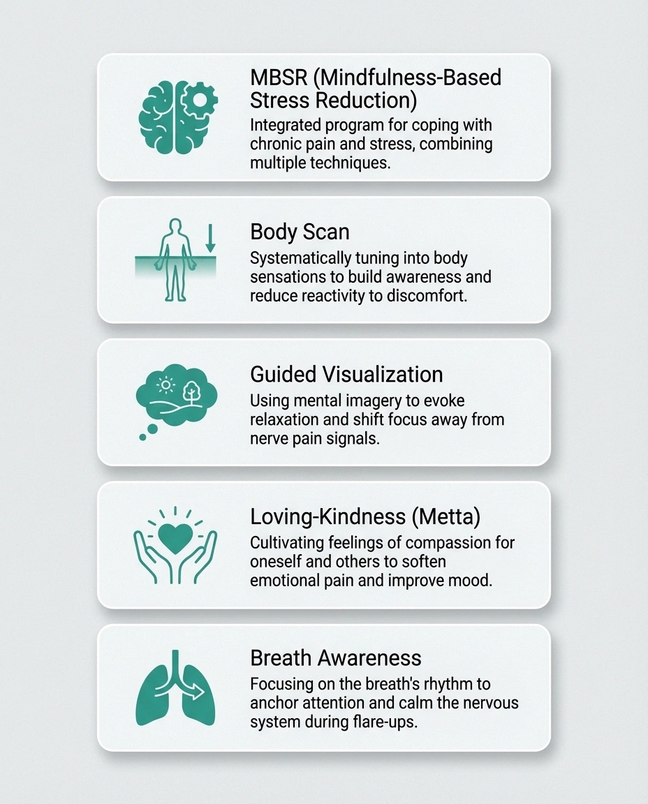 Comparison of five meditation types for neuropathy including MBSR body scan visualization loving kindness and breath awareness