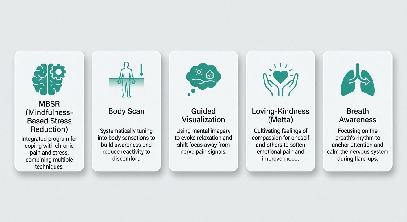 Comparison of five meditation types for neuropathy including MBSR body scan visualization loving kindness and breath awareness