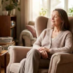 Woman meditating comfortably in a chair for neuropathy pain relief