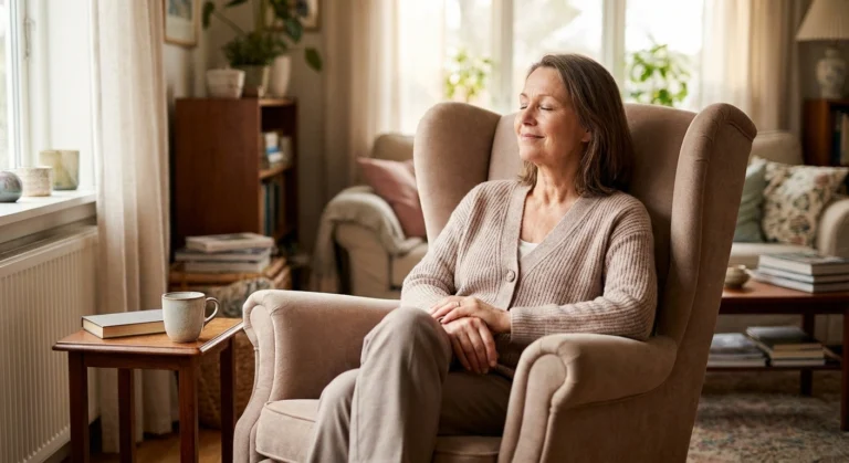 Woman meditating comfortably in a chair for neuropathy pain relief