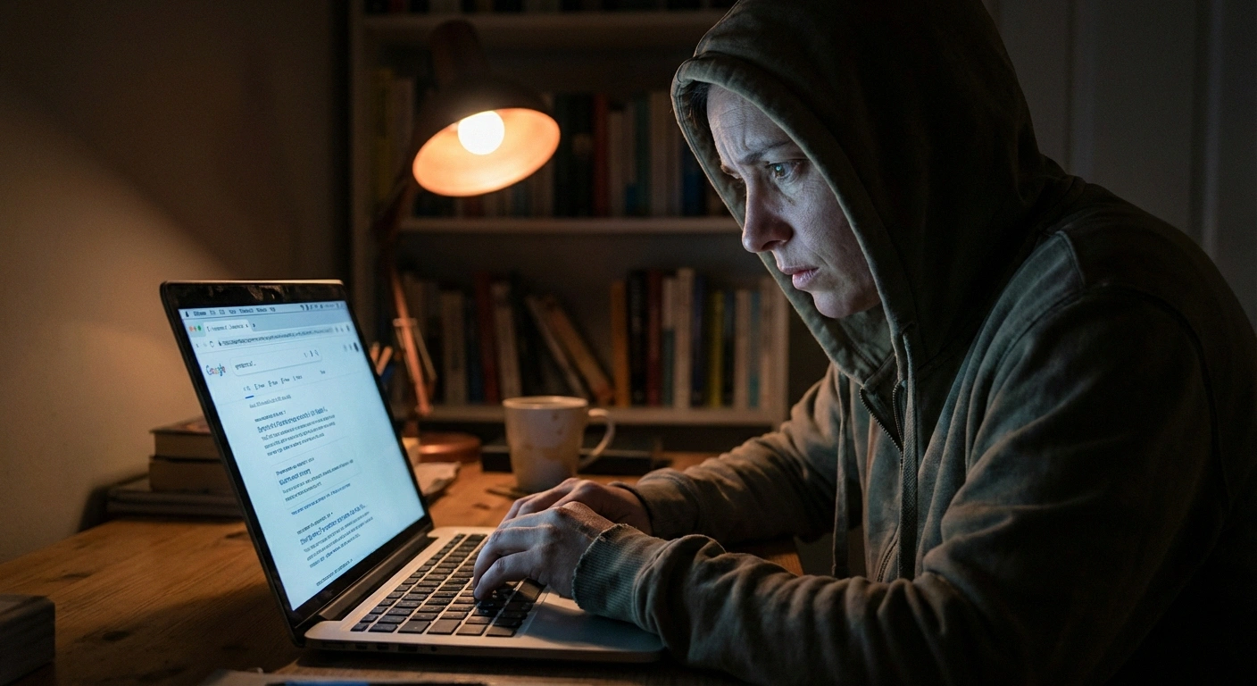 Person searching health information on phone at night showing health anxiety about muscle twitching