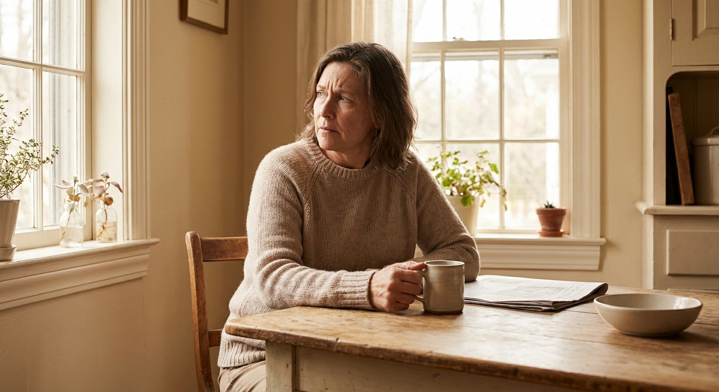 Person sitting at kitchen table with thoughtful worried expression representing health anxiety about muscle twitching and ALS fear