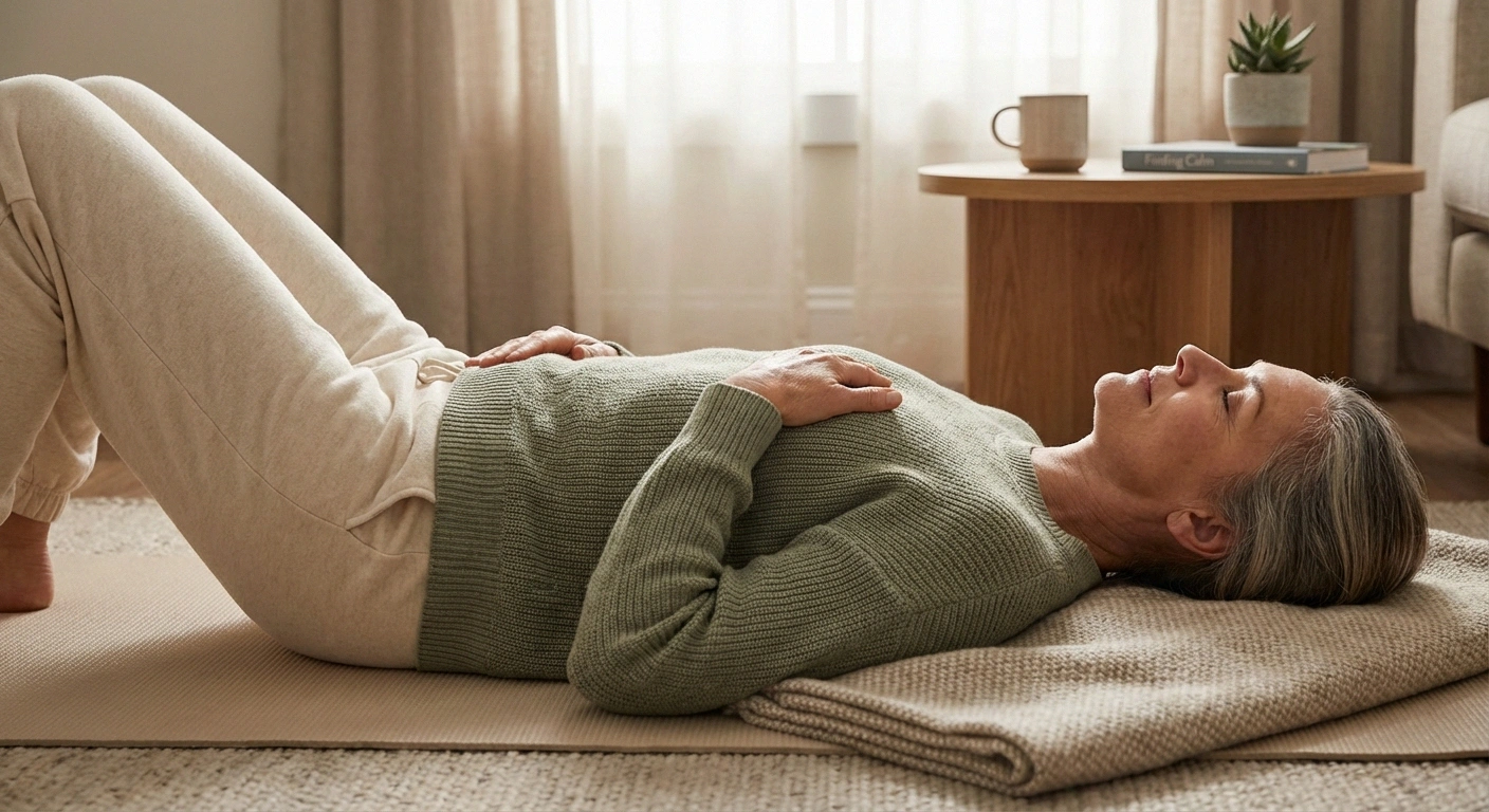 Person doing relaxation breathing exercise at home representing stress and anxiety connection to muscle twitching