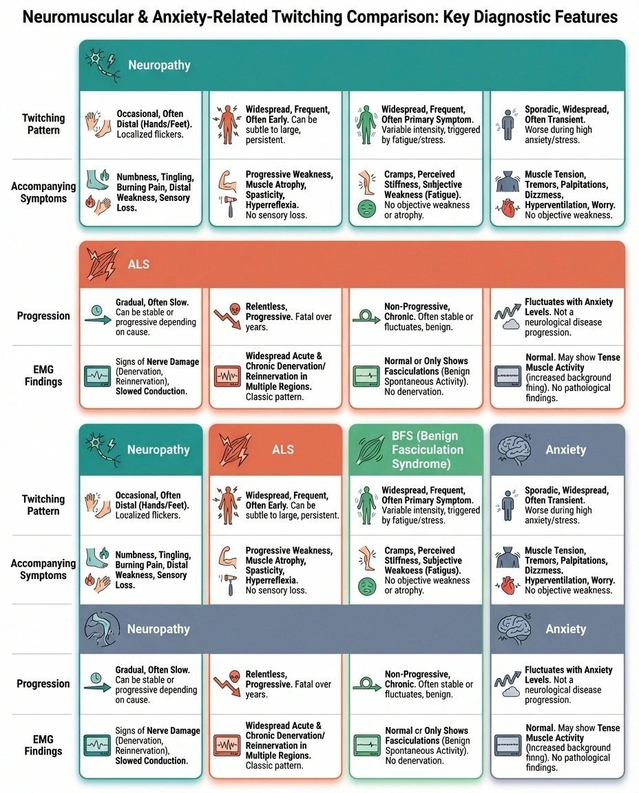 Comparison chart showing differences between neuropathy, ALS, BFS, and anxiety muscle twitching across symptoms, progression, and diagnosis