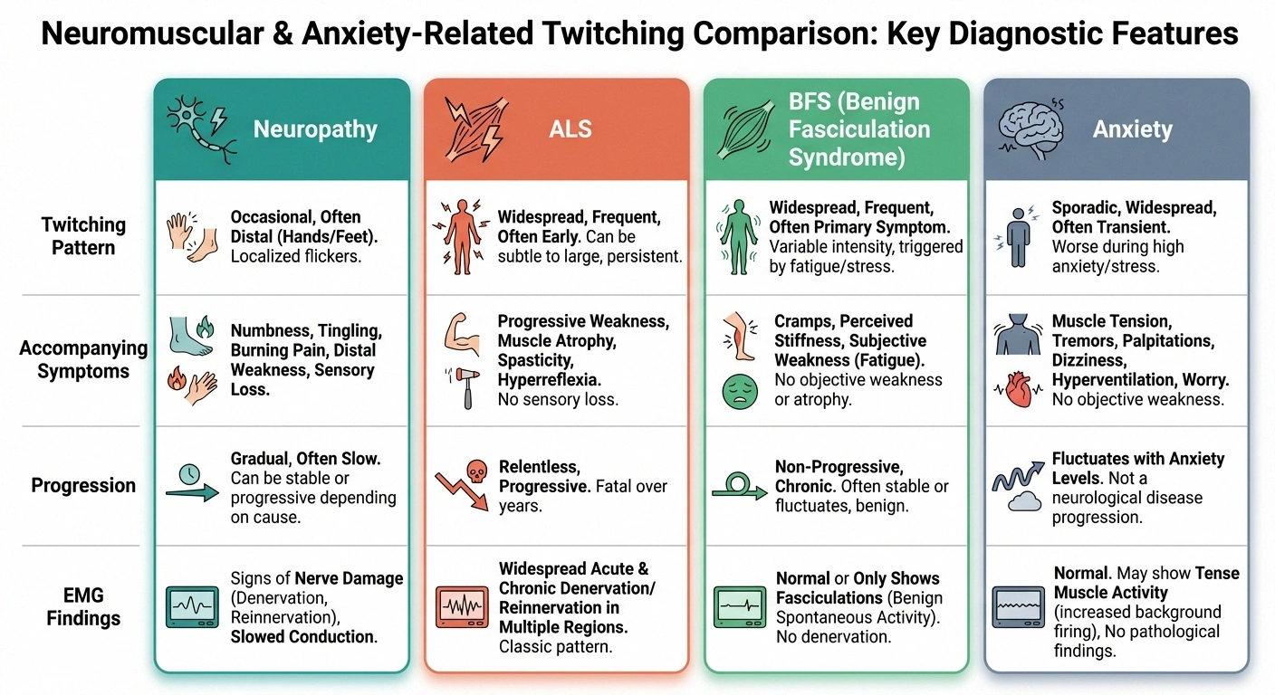 Comparison chart showing differences between neuropathy, ALS, BFS, and anxiety muscle twitching across symptoms, progression, and diagnosis