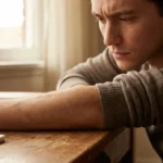 Close-up of forearm showing visible muscle twitch with person looking at it with concern