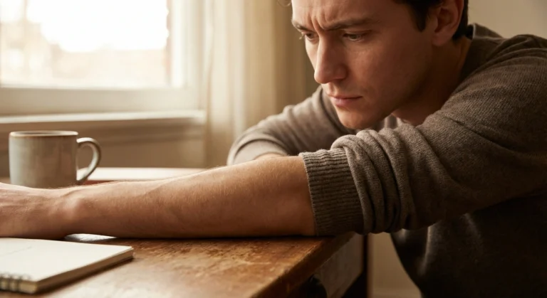 Close-up of forearm showing visible muscle twitch with person looking at it with concern